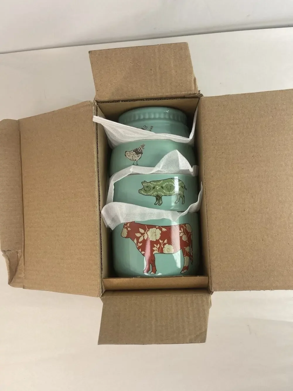 Pioneer Woman Teal Floral Farm Animals Stacked Ceramic Prep Cups Set Brand New